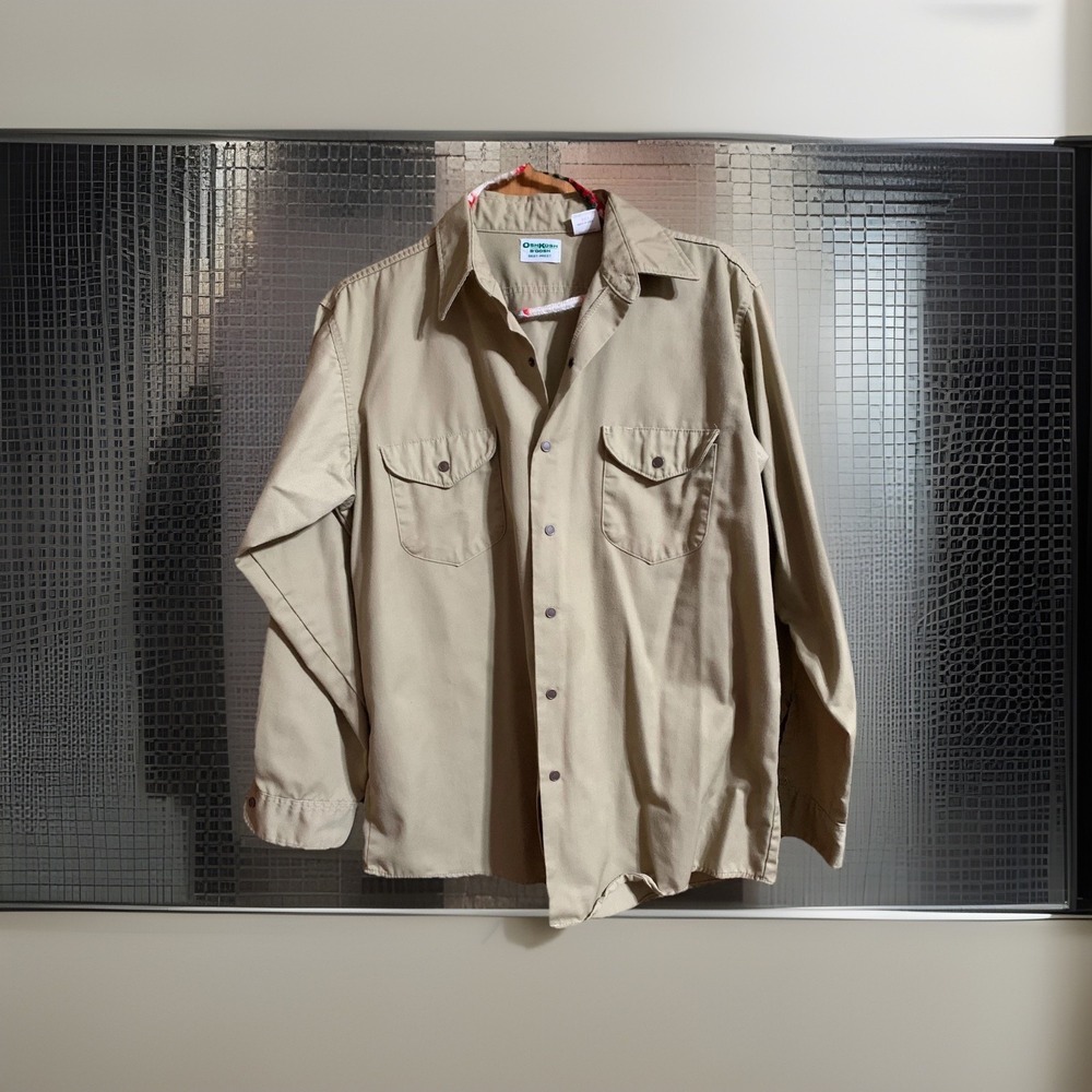 Vtg Osh Kosh B'Gosh Best Prest Snap Shirt Mens Large Beige USA 16 1/2